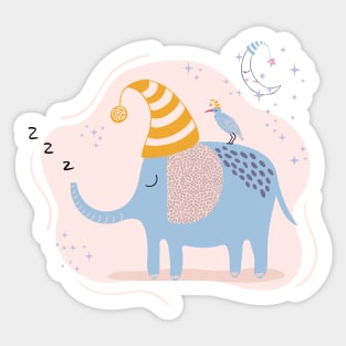 Cute sleeping elephant, bird and moon Sticker